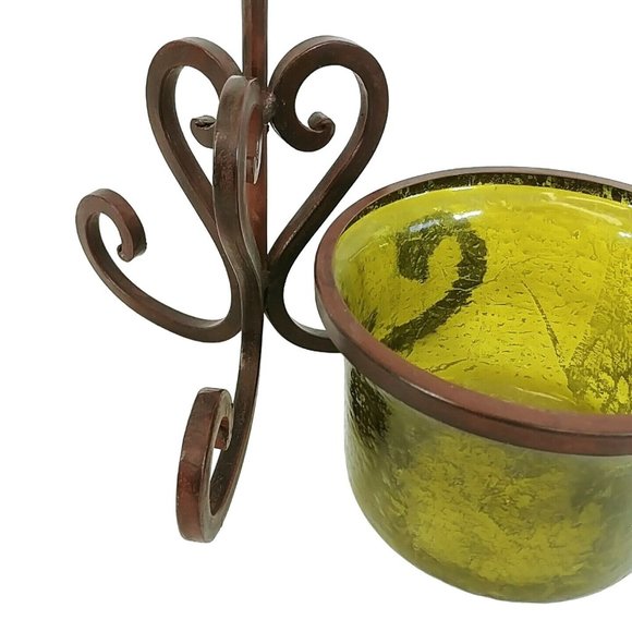 Candle Holder Heavy Scroll Steel Stand Green Crackle Glass Wind Shade 17" - Picture 5 of 8